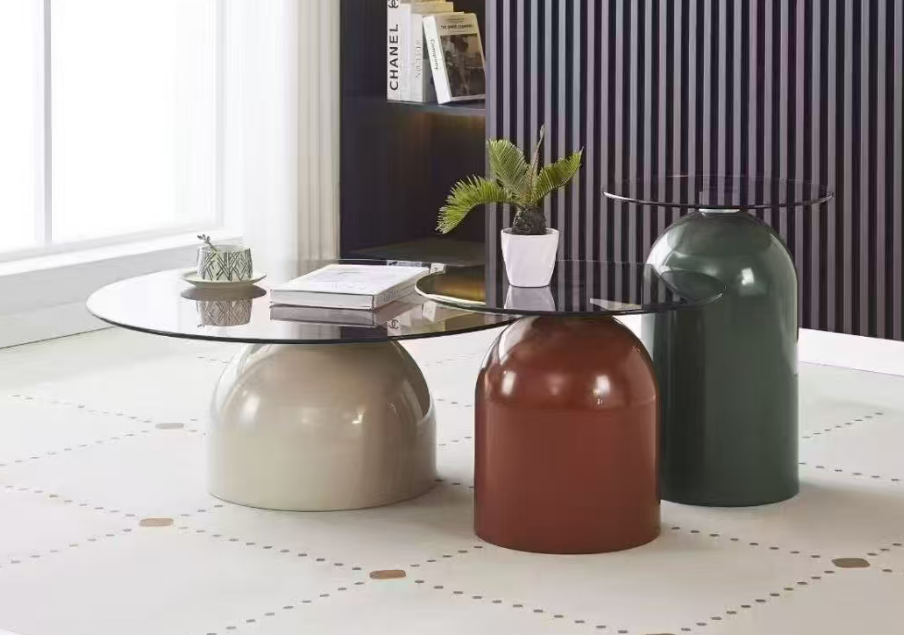 Glass coffee table set with colorful round bases